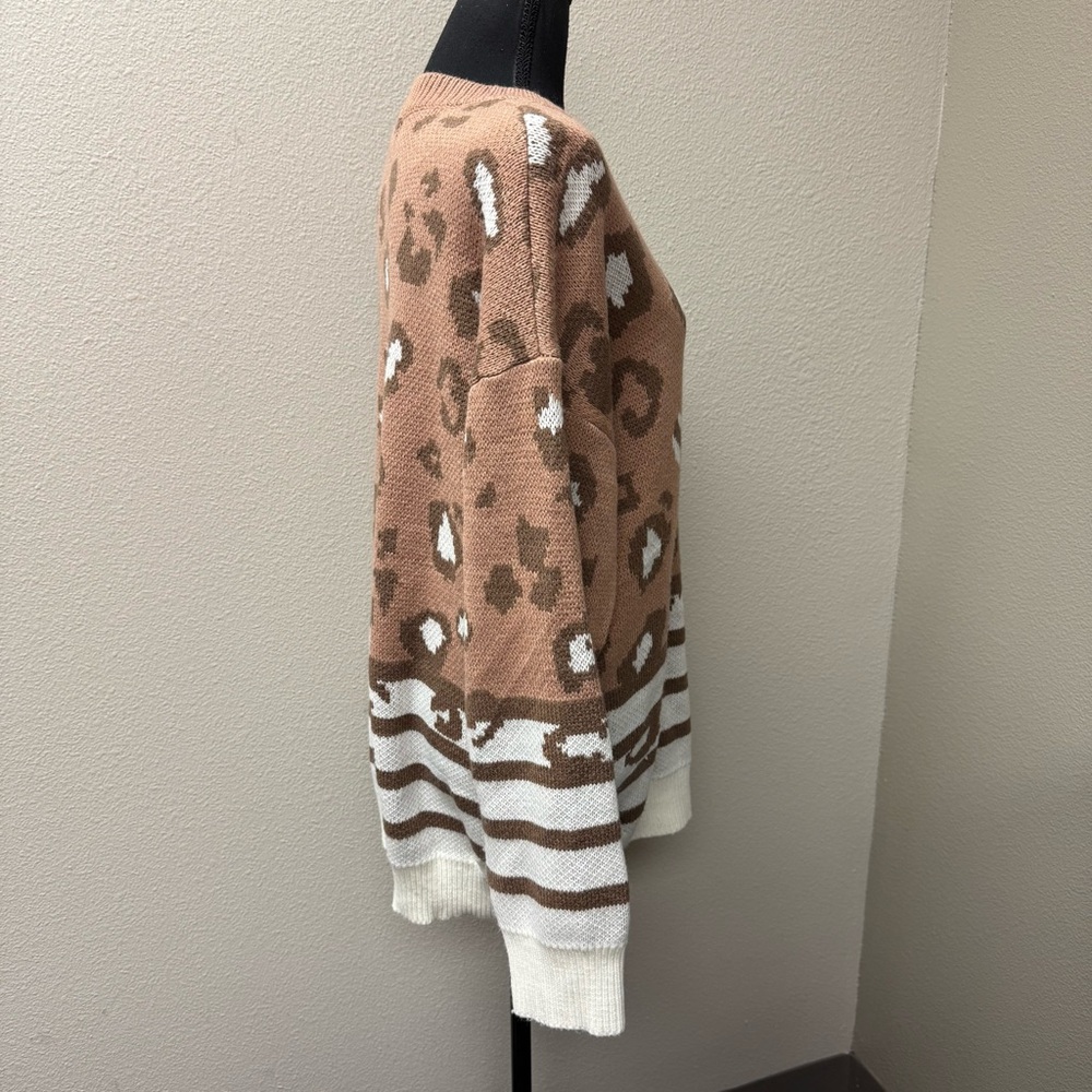Southern Stitch Leopard Sweater XXL Tan Brown Cream Striped Hem Cozy - Picture 5 of 9